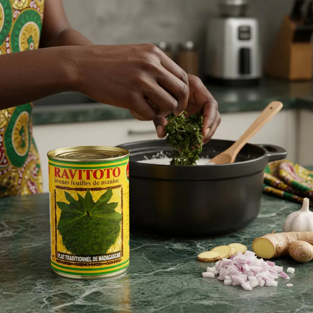 Préparation culinaire avec Ravitoto CODAL dans une cuisine, feuilles de manioc ajoutées à une marmite avec ail, gingembre et oignon.